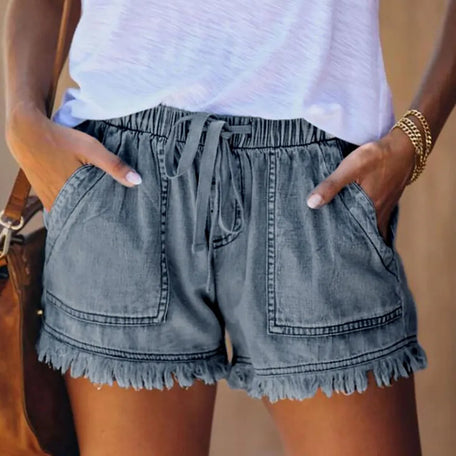Women's Denim Shorts – Elastic Waist Casual Jean Shorts with Tassel Hem