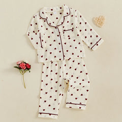 Girls’ Valentine’s Day Heart Print Pyjama Set – Long Sleeve Cotton Sleepwear