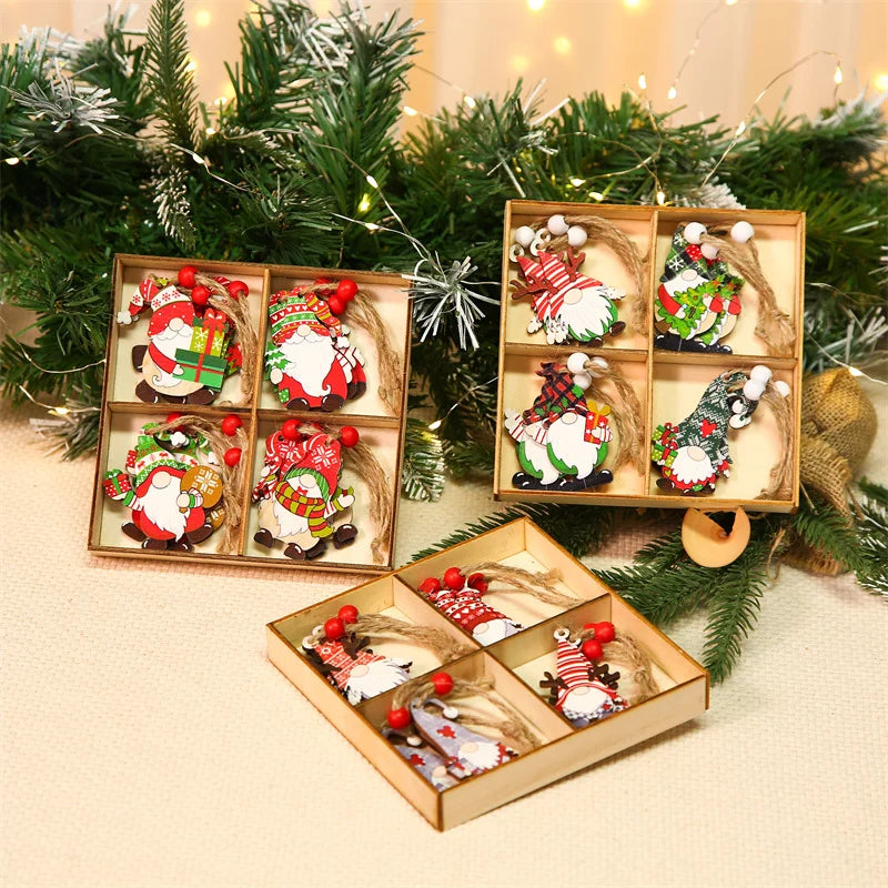 Wooden Christmas Gnome and Santa Decorations, Box of 12