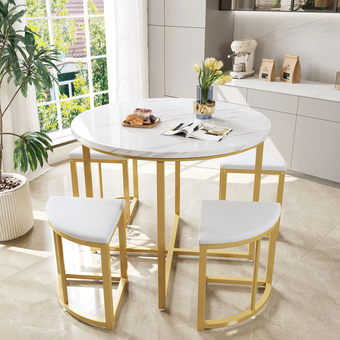 Modern Round Marble Dining Table Set, 4 Space-Saving Semi-Circular Stools, Gold-White