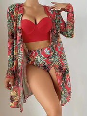 Tropical Glam 3-Piece Bikini Set – Push-Up Swimsuit with Long Sleeve Cover-Up