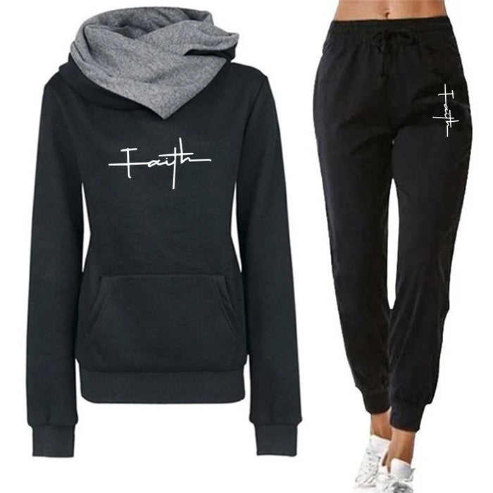 Women's Casual Tracksuit, 2-Piece Hooded Sweatshirt & Joggers Set, Black