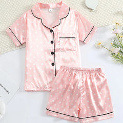 Girls’ Satin Silk Heart Print Pyjama Set – Soft Summer Sleepwear