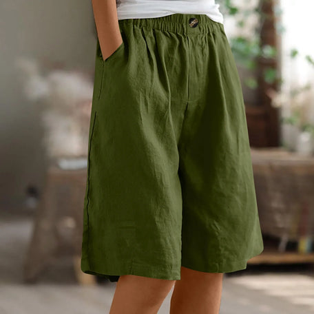 Women's Cotton Linen Capris – Loose-Fit Elastic Waist Shorts with Pockets