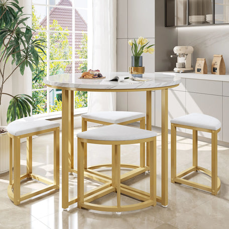 Modern Round Marble Dining Table Set – 4 Space-Saving Semi-Circular Stools