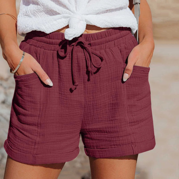 Women's Cotton Linen High-Waisted Shorts, Breathable Summer Casual Wear, Wine