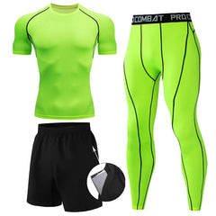 Men’s 3-Piece Compression Workout Set – Short Sleeve Top, Leggings & Shorts