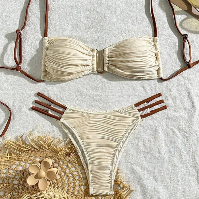 Women's Push-Up Brazilian Bikini Set in Beige and Brown, Beige