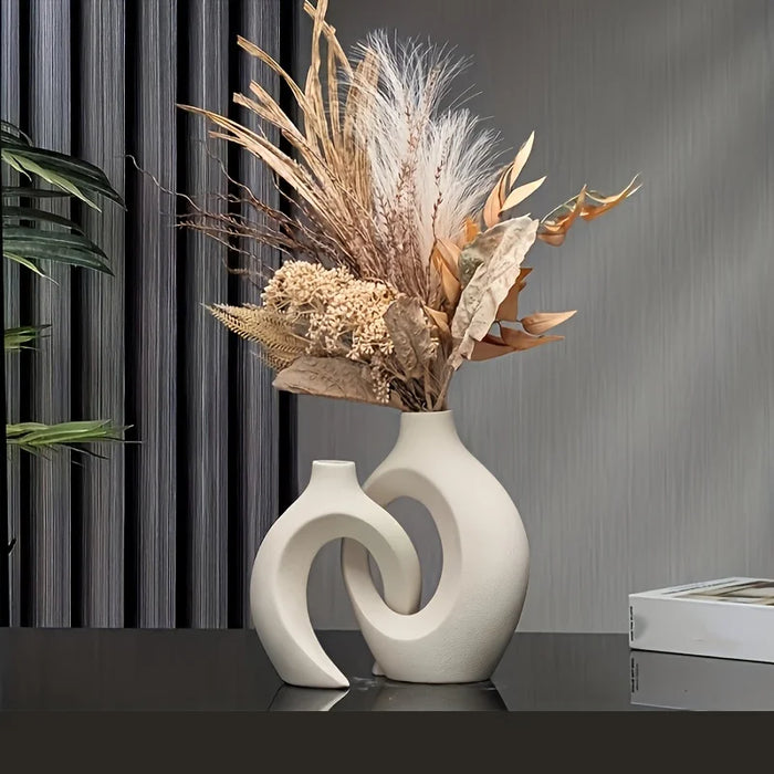 Set of 2 Hollow Ceramic Vases, Modern Nordic Boho Home Decor, WHITE