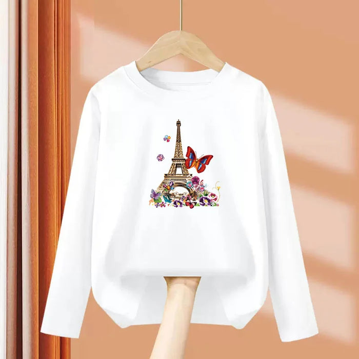 Paris Butterfly Eiffel Tower Long-Sleeve Cotton Tee for Girls, Paris-White
