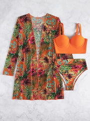 Tropical Glam 3-Piece Bikini Set – Push-Up Swimsuit with Long Sleeve Cover-Up