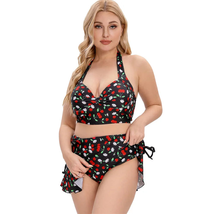 CurveChic Push-Up Halter Bikini Set with Skirt, Plus Size Two-Piece Swimwear, image 2