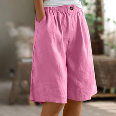 Women's Cotton Linen Capris – Loose-Fit Elastic Waist Shorts with Pockets