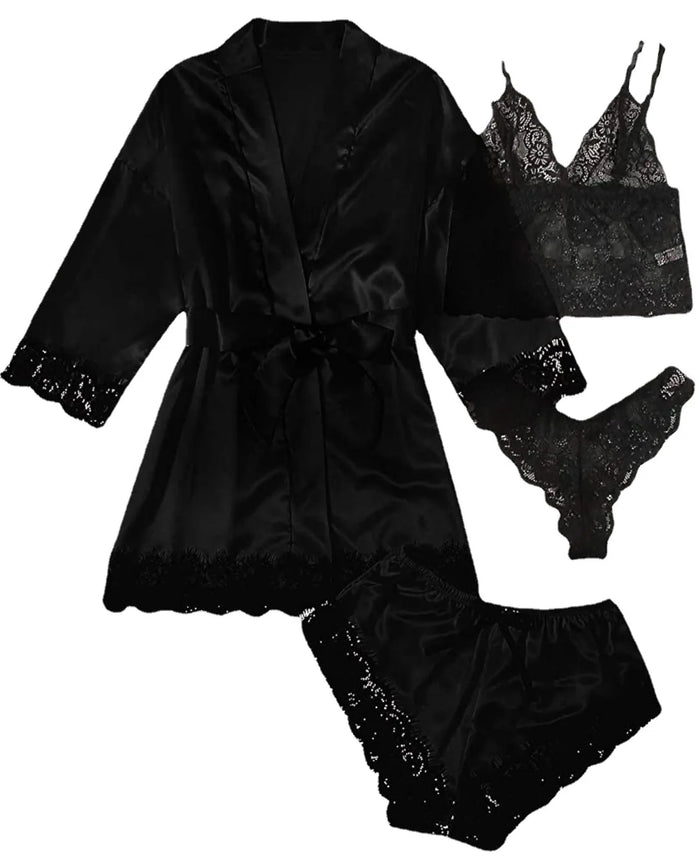 Satin Lace Trim Pajama Set, image 2