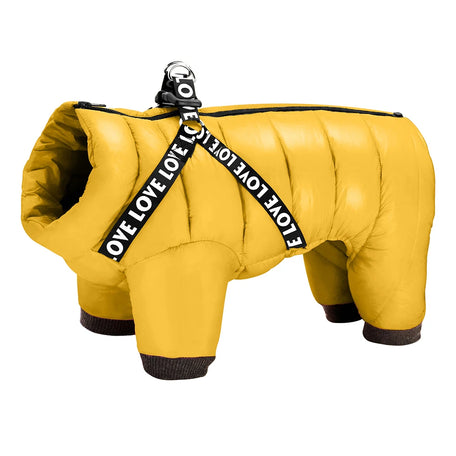Waterproof dog snowsuit with harness, Yellow
