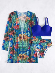 Tropical Glam 3-Piece Bikini Set – Push-Up Swimsuit with Long Sleeve Cover-Up