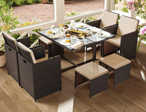 SONGMICS 9-Piece Rattan Garden Dining Set – Space-Saving Outdoor Furniture