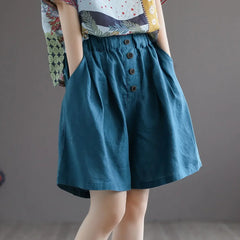 Women's High-Waisted Cotton Linen Shorts – Vintage Loose-Fit Wide-Leg