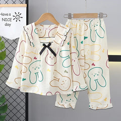 Girls’ Bowknot Rabbit Pyjama Set – Cute Long Sleeve Sleepwear