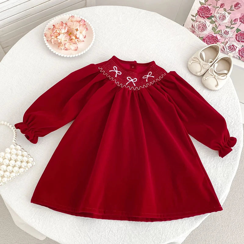 Girls' Red Bow Christmas Party Dress
