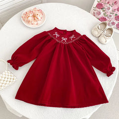 Girls' Red Bow Christmas Party Dress