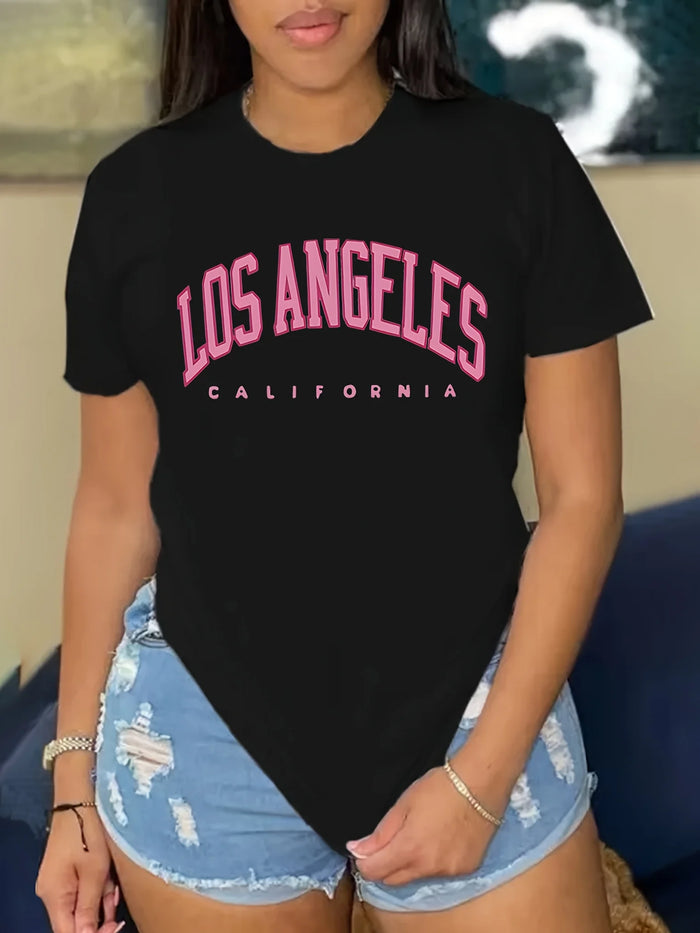 Los Angeles Letter Print T-Shirt, Casual Short Sleeve Women’s Top, Black