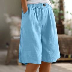Women's Cotton Linen Capris – Loose-Fit Elastic Waist Shorts with Pockets