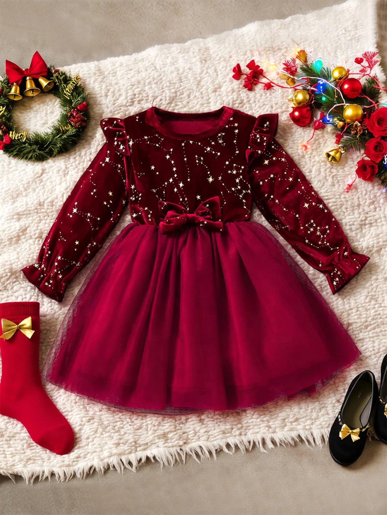 Girls' Velvet Bow Party Dress with Mesh Skirt