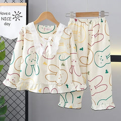 Girls’ Bowknot Rabbit Pyjama Set – Cute Long Sleeve Sleepwear