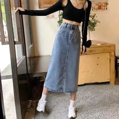 Women's High-Waisted Denim Skirt – Vintage Side Slit Midi