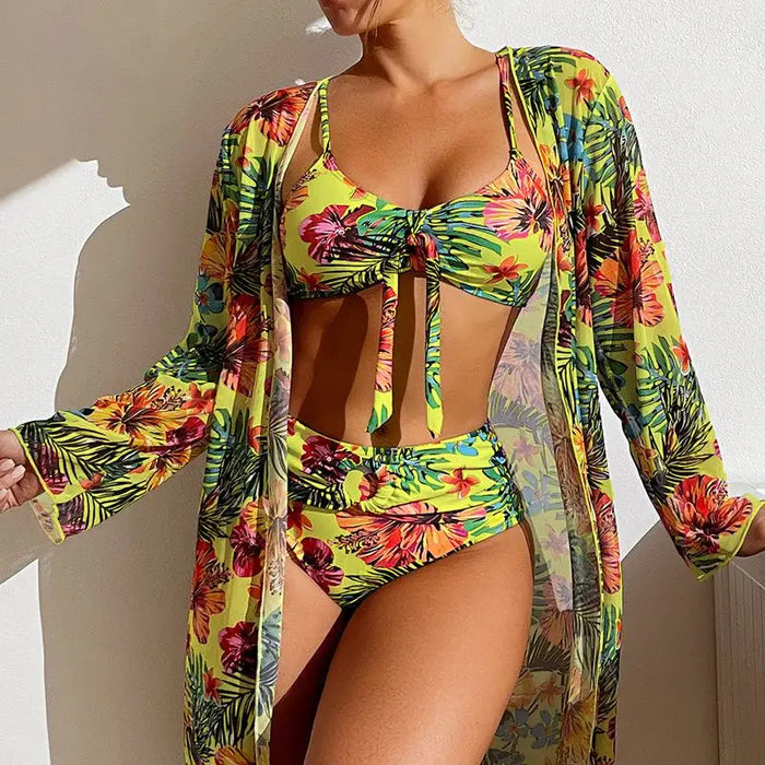 Floral Print 3-Piece Bikini Set, High Waist Swimsuit with Mesh Long-Sleeved Cover-Up (S-3XL), yellow