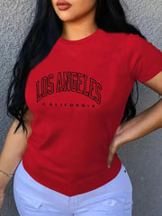 Los Angeles Letter Print Crew Neck T-Shirt – Casual Loose Fit Women’s Top