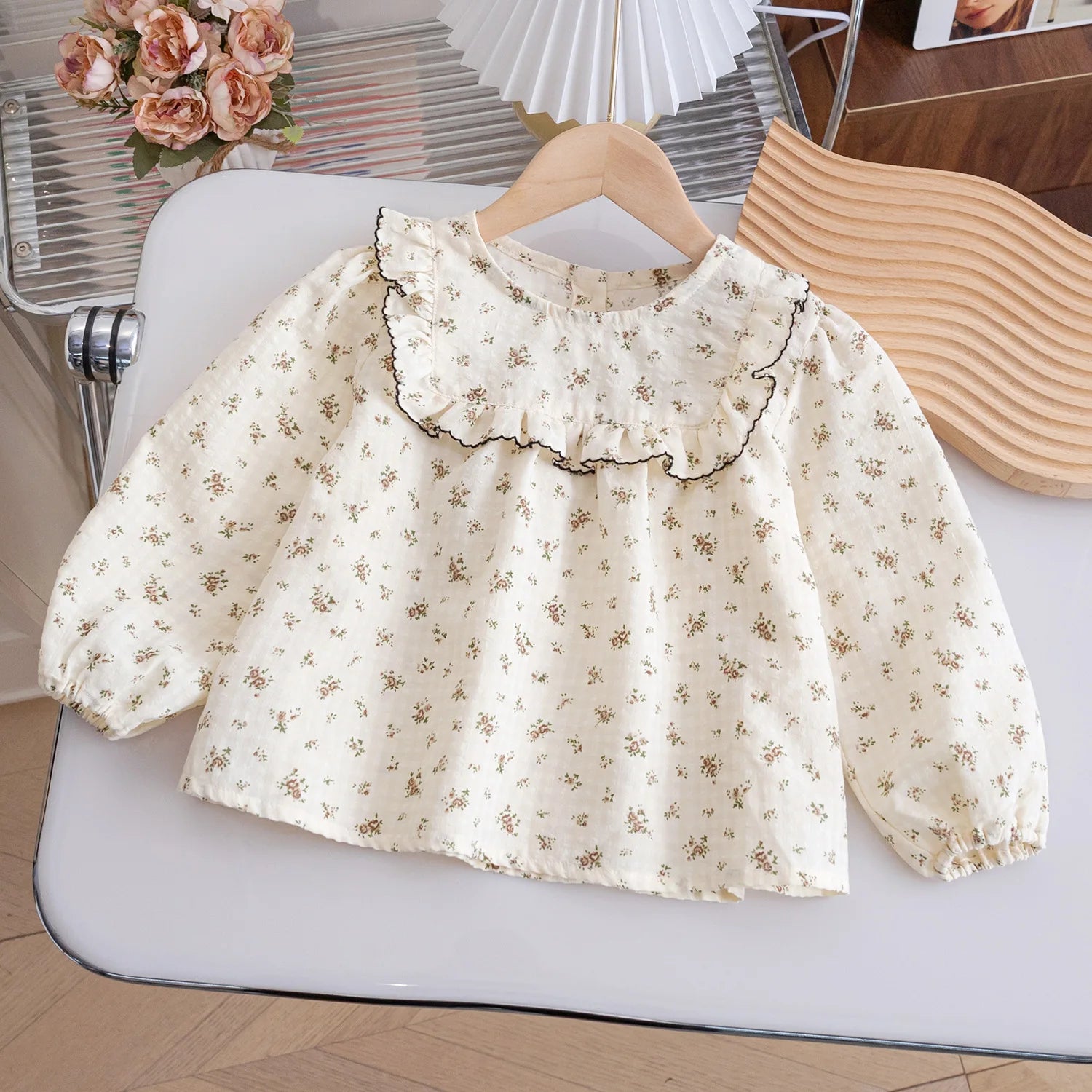 Girls' Ditsy Floral Cotton Blouse, Long Sleeve