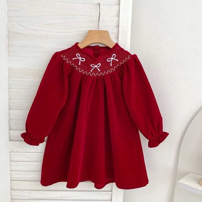 Girls' Red Bow Christmas Party Dress
