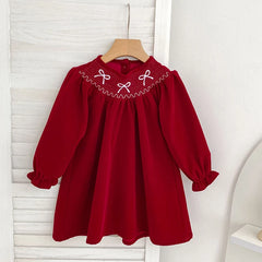 Girls' Red Bow Christmas Party Dress