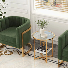 GOFLAME Tempered Glass Side Table – Modern End Table with Faux Marble Shelf