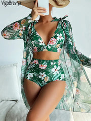 VigoBreviya 3-Piece Mesh Bikini Set – Printed Push-Up High Waist Swimsuit