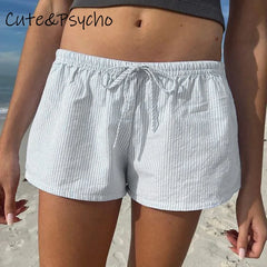 Women's Y2K Striped Low-Waist Shorts – Casual Streetwear Aesthetic