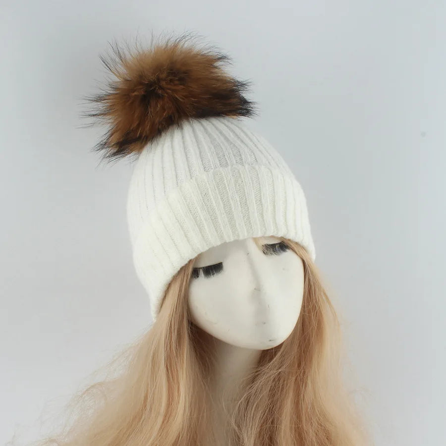 Women's Ribbed Beanie with Faux Fur Pom-Pom
