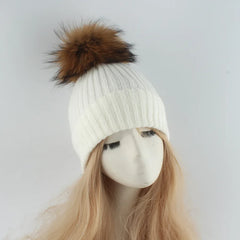 Women's Ribbed Beanie with Faux Fur Pom-Pom