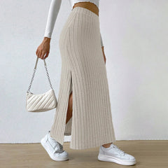 Women's Ribbed Maxi Skirt – High Waist Side Slit Slim Fit