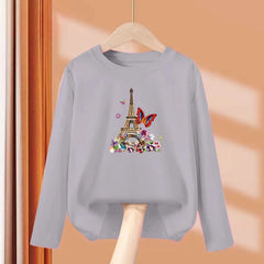 Paris Butterfly Eiffel Tower Long-Sleeve Cotton Tee for Girls