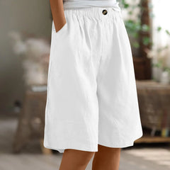 Women's Cotton Linen Capris – Loose-Fit Elastic Waist Shorts with Pockets