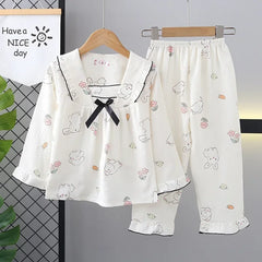 Girls’ Bowknot Rabbit Pyjama Set – Cute Long Sleeve Sleepwear