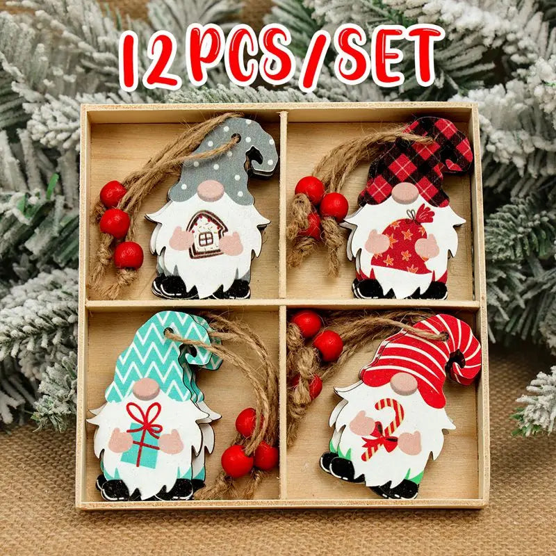 Wooden Christmas Gnome and Santa Decorations, Box of 12