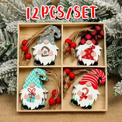 Wooden Christmas Gnome and Santa Decorations, Box of 12