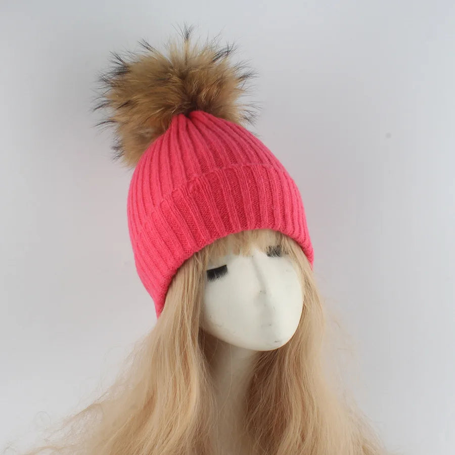 Women's Ribbed Beanie with Faux Fur Pom-Pom