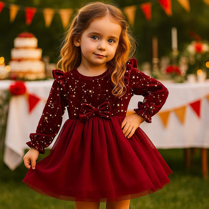 Girls' Velvet Bow Party Dress with Mesh Skirt