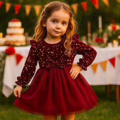 Girls' Velvet Bow Party Dress with Mesh Skirt