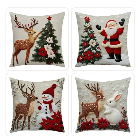 Christmas cushion covers, set of 4, Santa, Snowman, Reindeer and Tree
